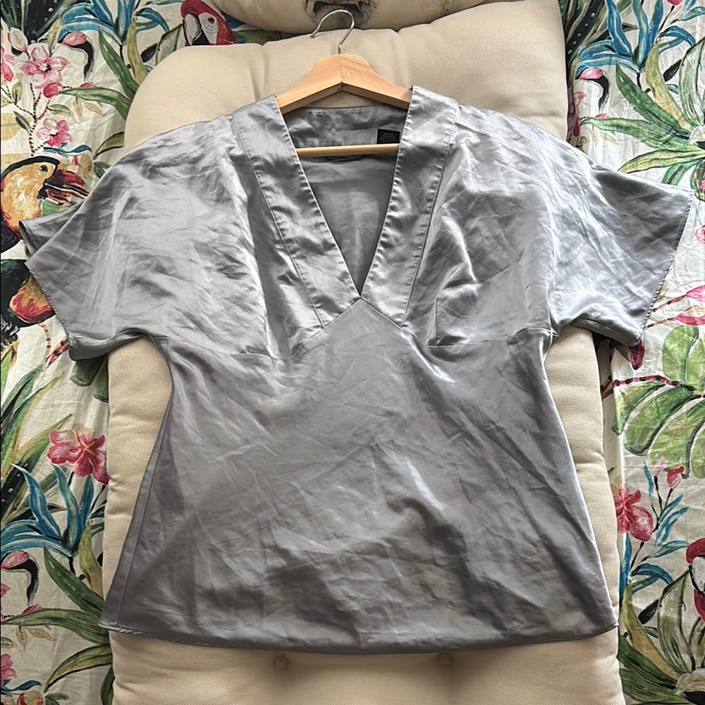 New York & Company Silky Silver V-Neck Blouse